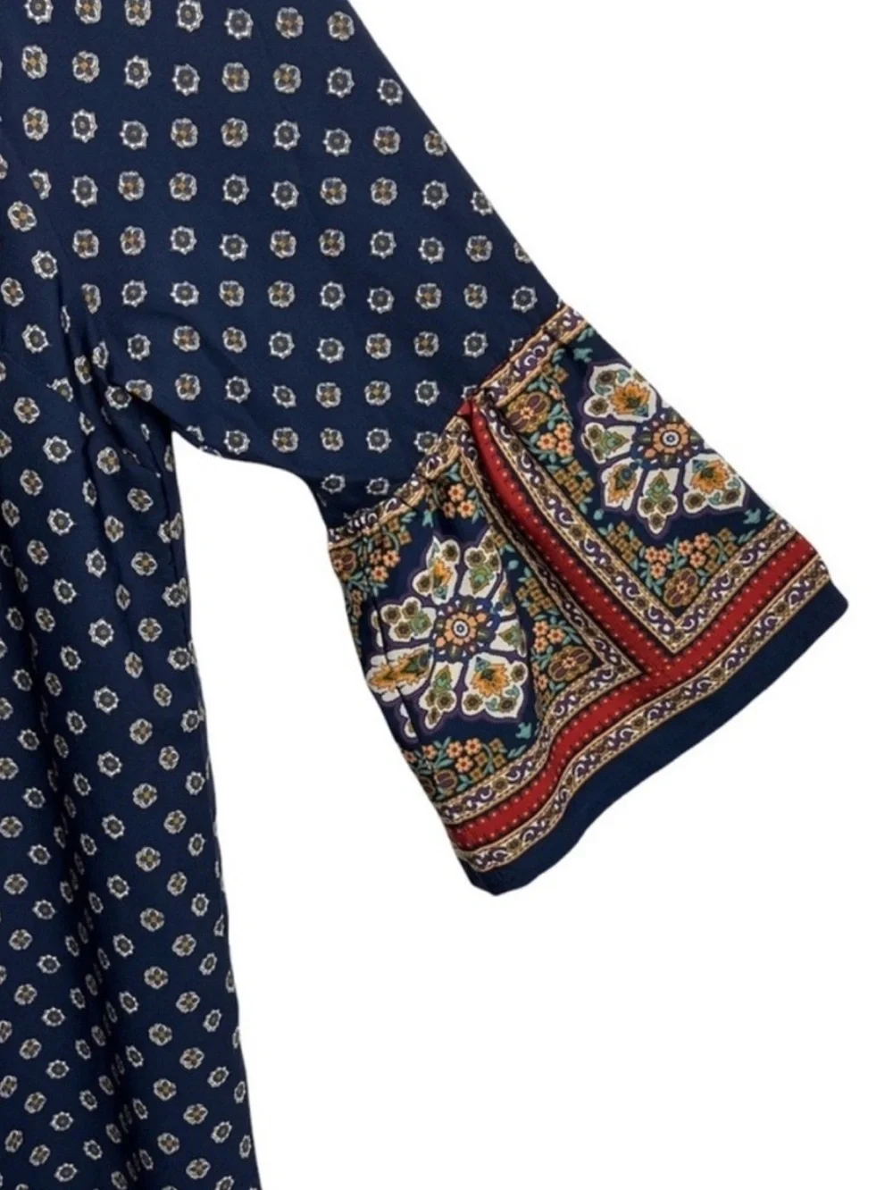 FOREVER 21 Contemporary Navy Blue Boho Floral Print Bell Sleeve DressSize Small